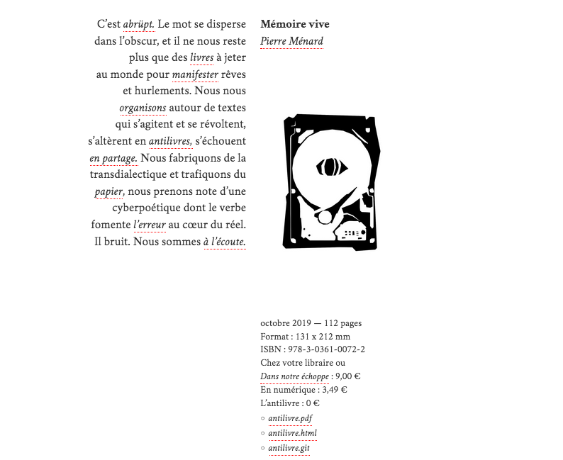 Capture d’écran de la page web de l’œuvre Mémoire vive de l’auteur Pierre Ménard: https://abrupt.cc/pierre-menard/memoire-vive